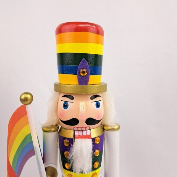 Wooden Christmas Gay And Pride Themed Flag 15 Inch Tall Nutcraker - Picture 10 of 14